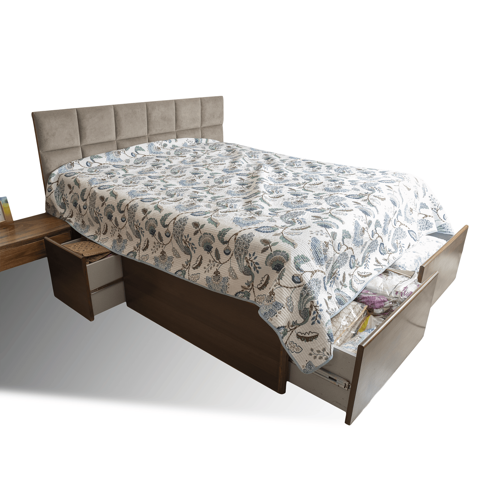 Solid Wood Checkered Upholstered Bed with Storage - Image 2