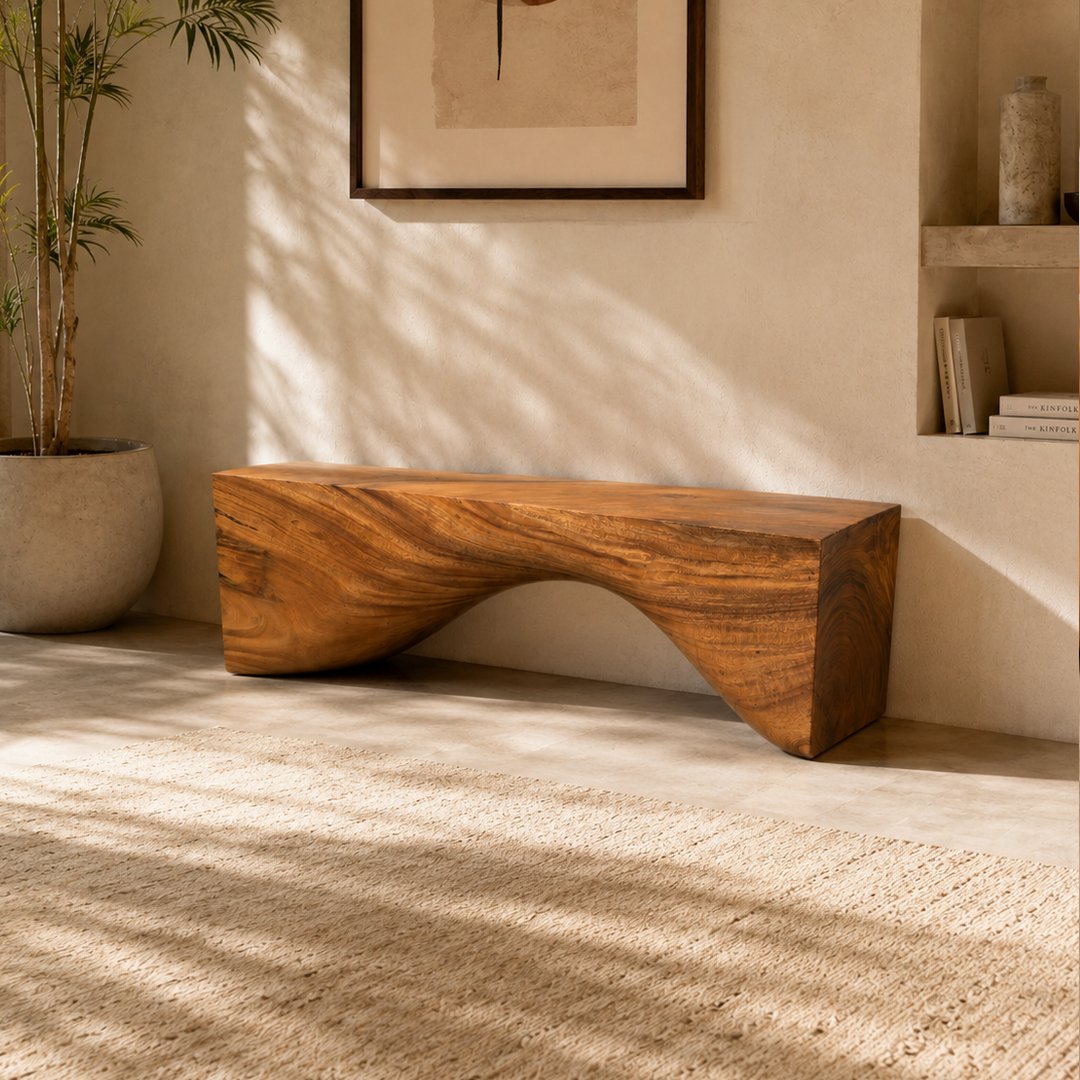 Custom Curved Wave Solid Wood Log Bench - Image 2