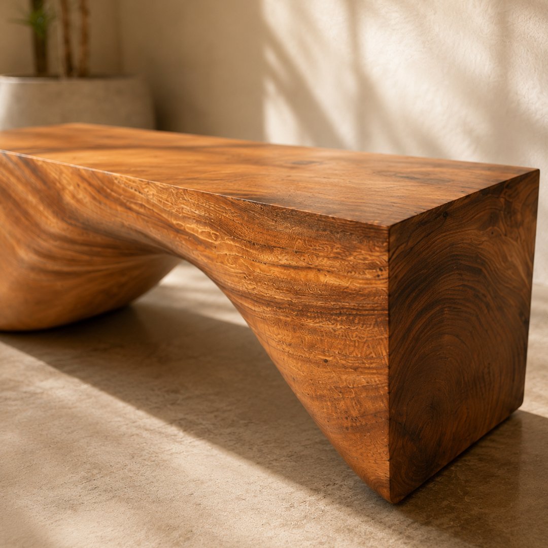 Custom Curved Wave Solid Wood Log Bench - Image 3