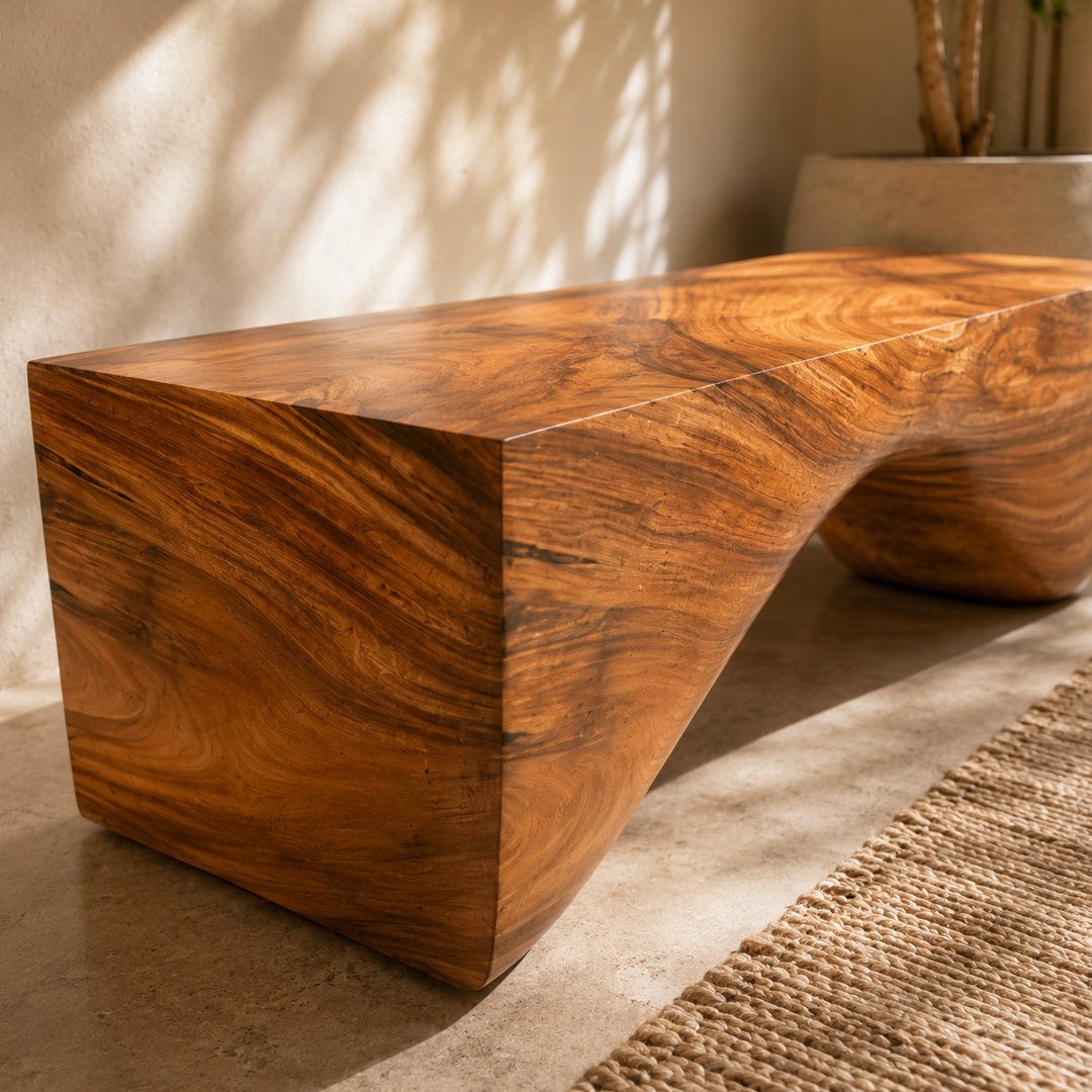 Custom Curved Wave Solid Wood Log Bench - Image 4