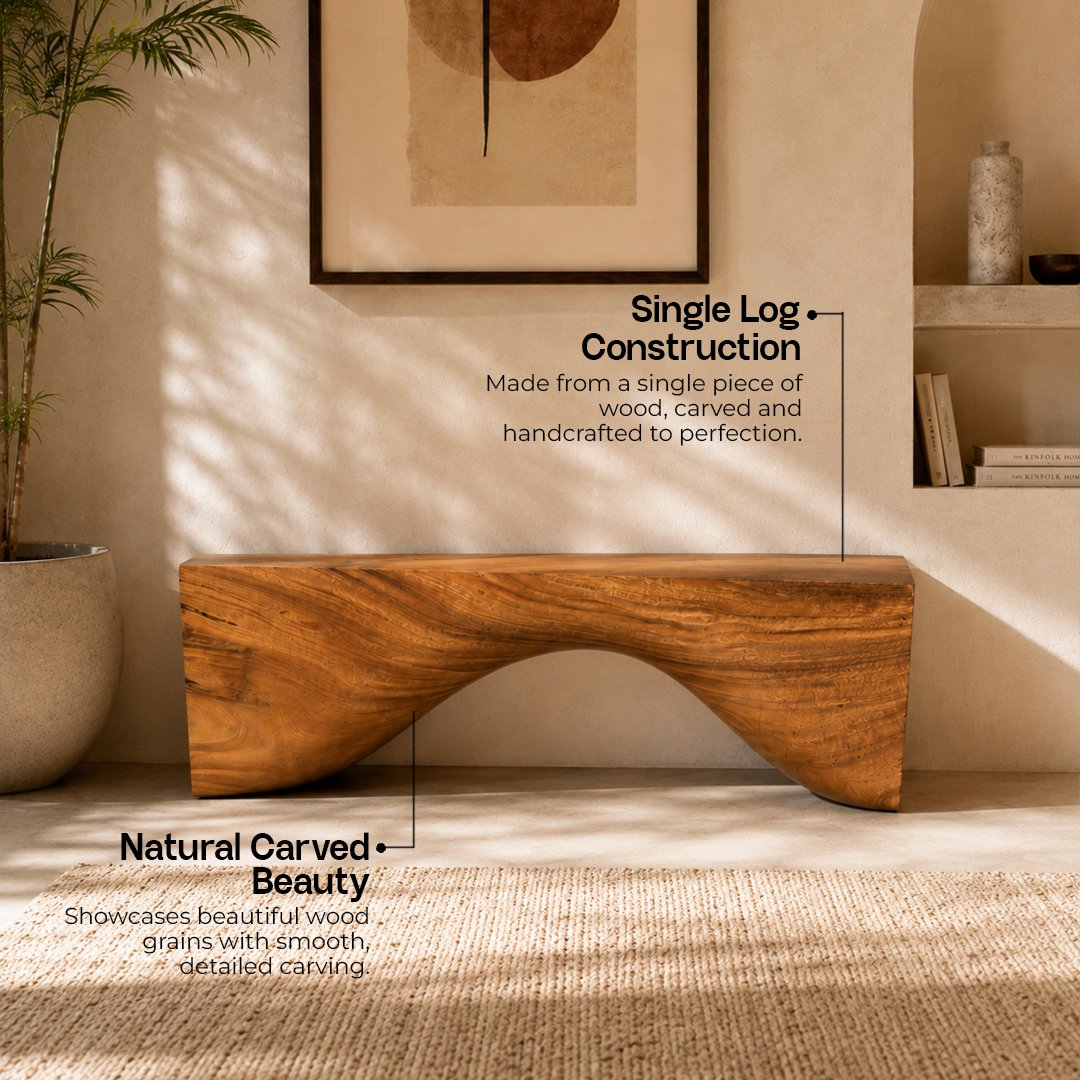 Custom Curved Wave Solid Wood Log Bench - Image 5