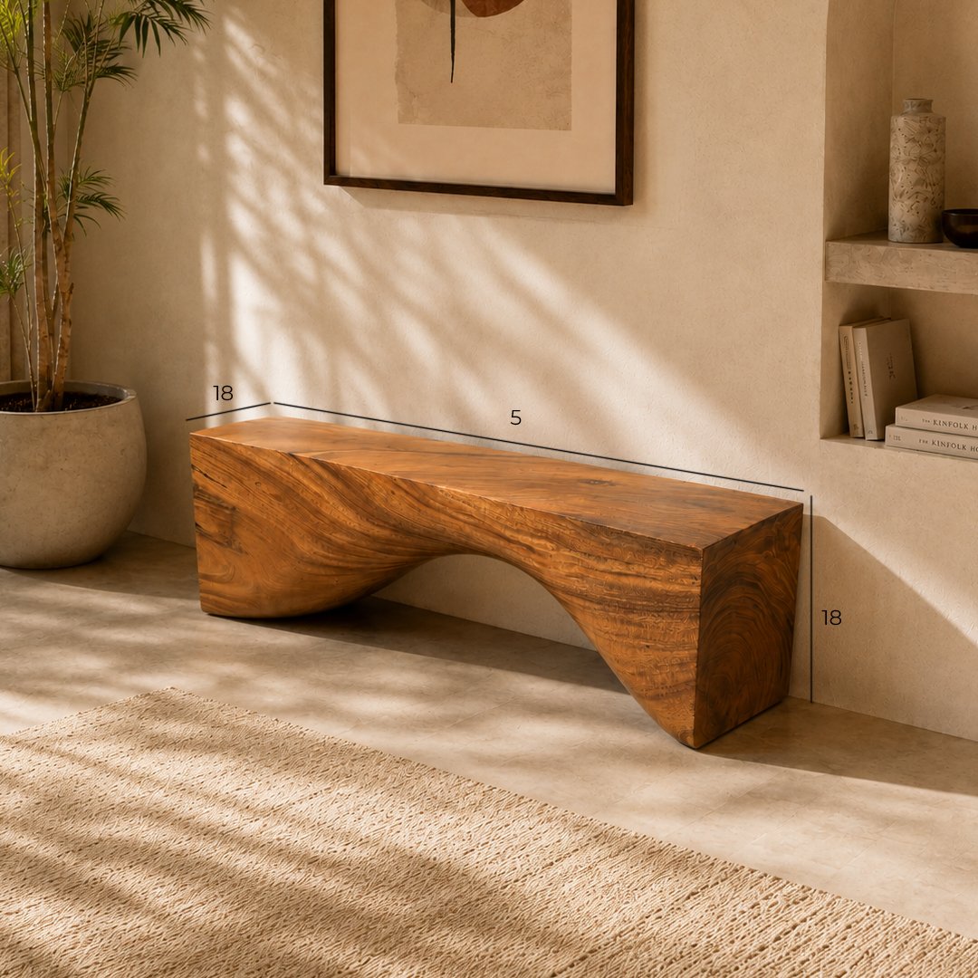 Custom Curved Wave Solid Wood Log Bench - Image 6