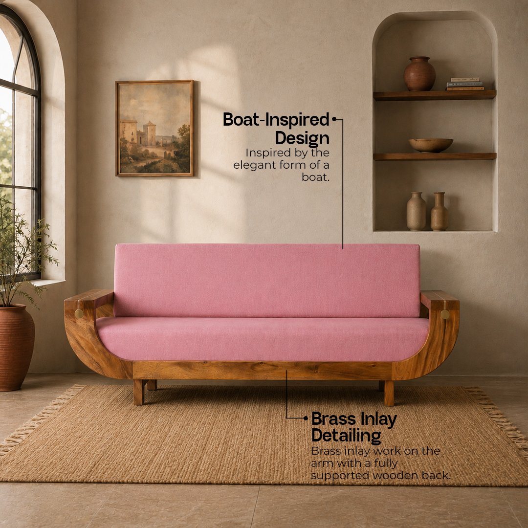 Wooden Boating Sofa – East Indian Walnut with Brass Detailing - Image 5