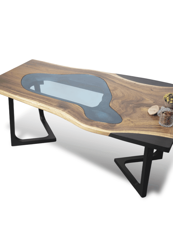 Epoxy Resin Ashy Ocean Dining Table - Live Edge Wood