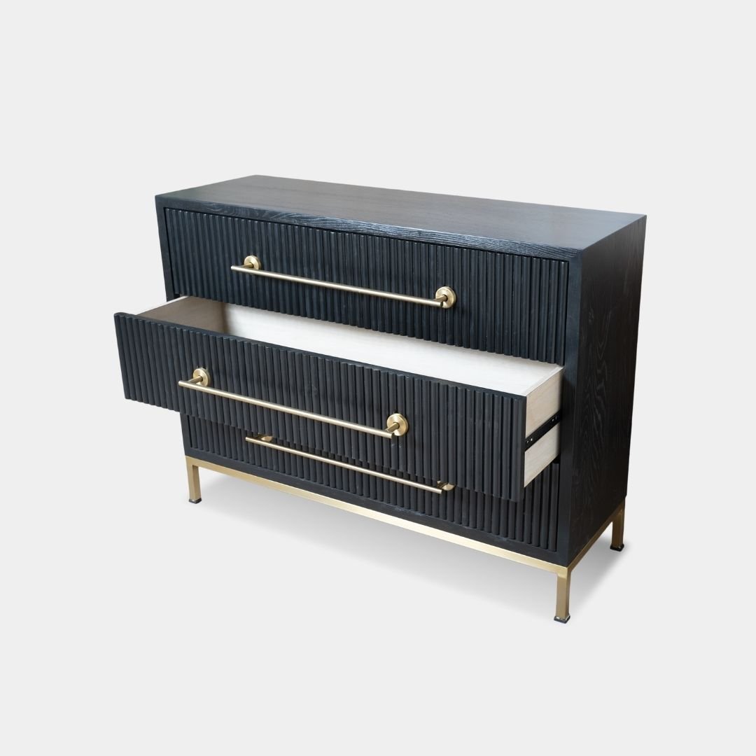 Solid Wooden Black Fluted Cabinet – Storage with Brass Finish - Image 2