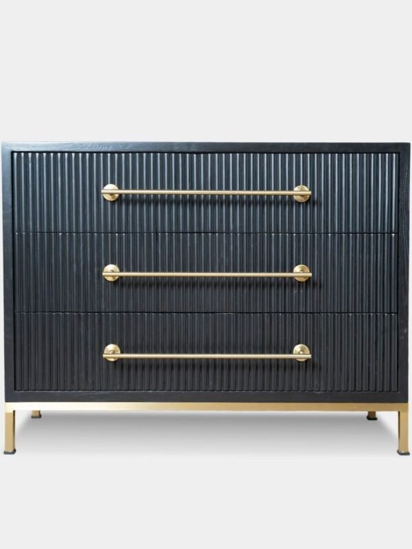 Solid Wooden Black Fluted Cabinet – Storage with Brass Finish