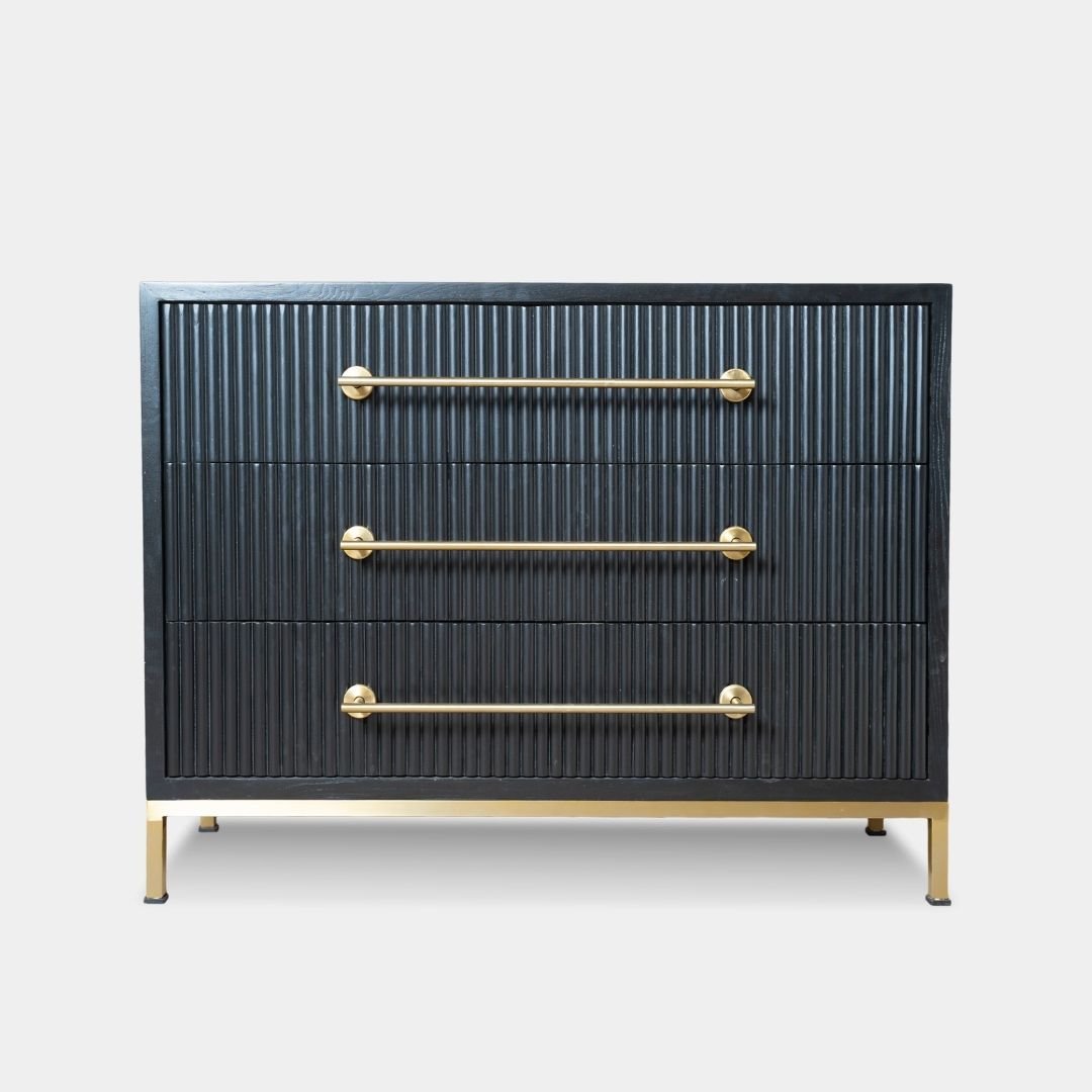 Solid Wooden Black Fluted Cabinet – Storage with Brass Finish