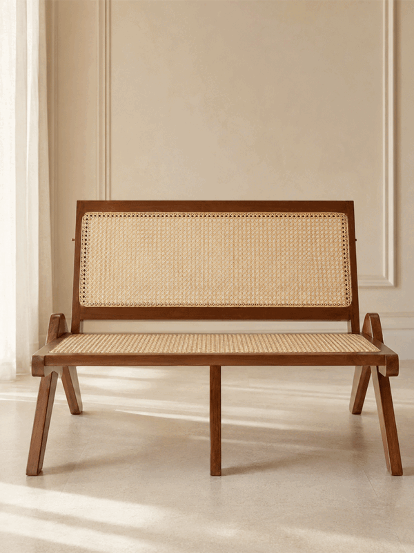 Solid Wood Boomerang Bench with Cane Backrest