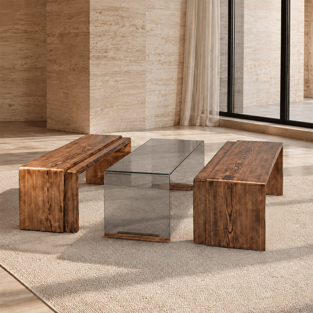 Solid Wooden Bent Benched Coffee Table - Image 4