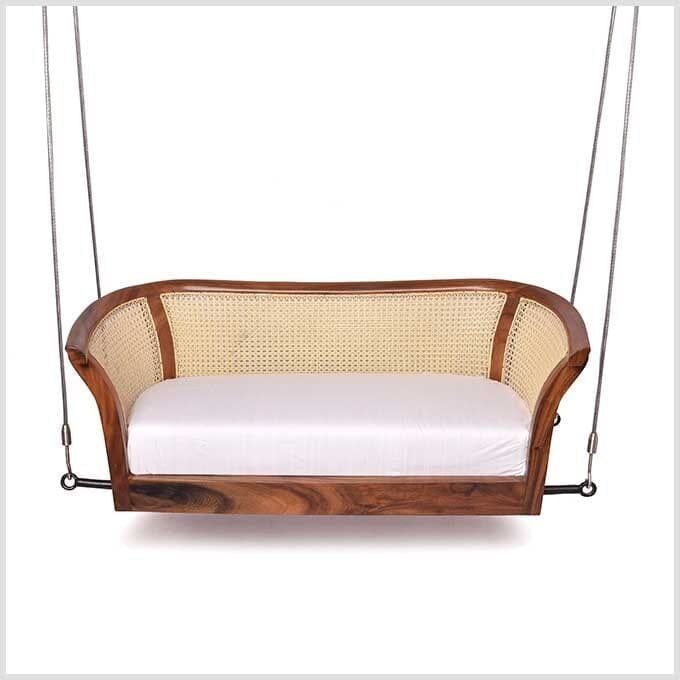Wooden Curve Swing Jhula with Cane Woven Backrest