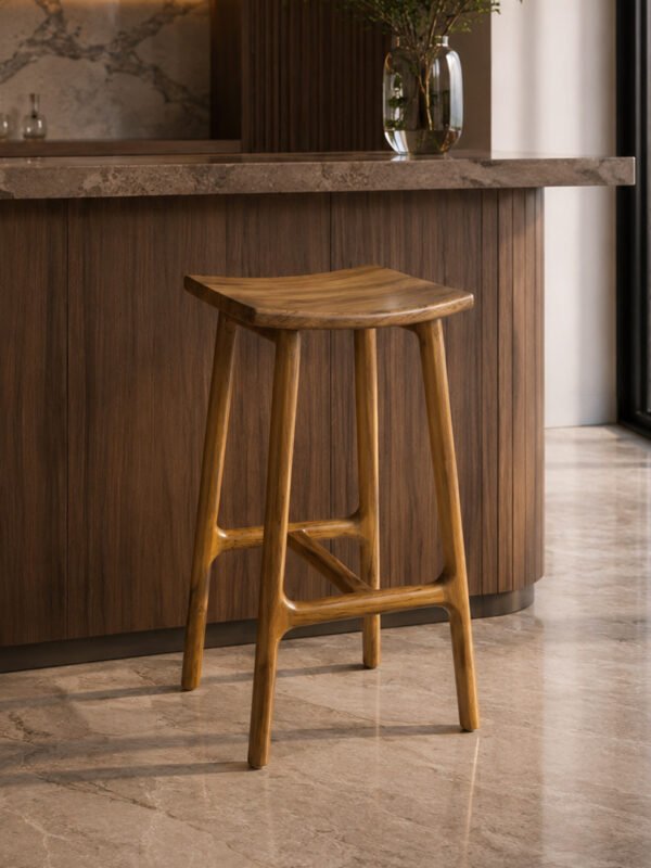 Solid Wooden Cupped Bar Stool – Teak Base & Walnut Finish