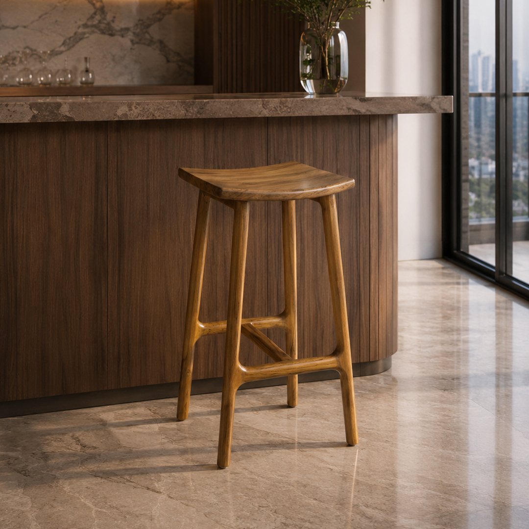 Solid Wooden Cupped Bar Stool – Teak Base & Walnut Finish - Image 2