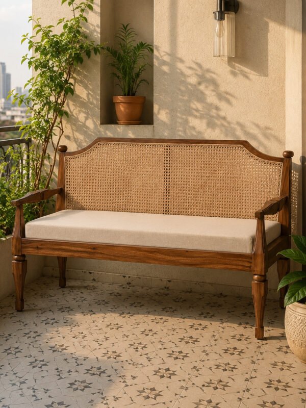 Solid Wooden Upholstered Bench with Cane Backrest