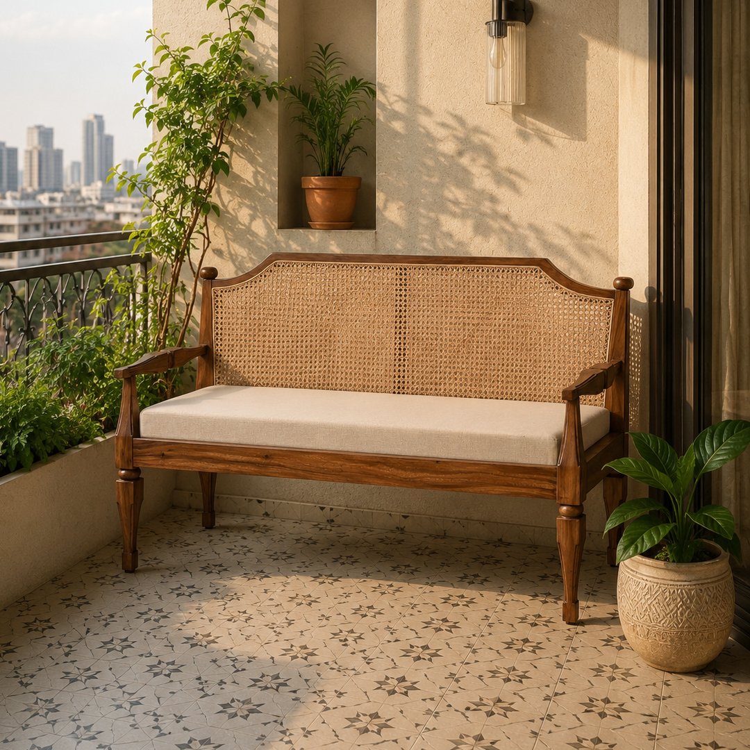 Solid Wooden Upholstered Bench with Cane Backrest