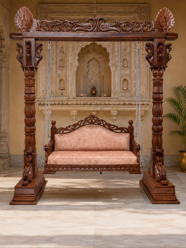 Ethnic Carved Wooden Swing Jhula with Peacock Design