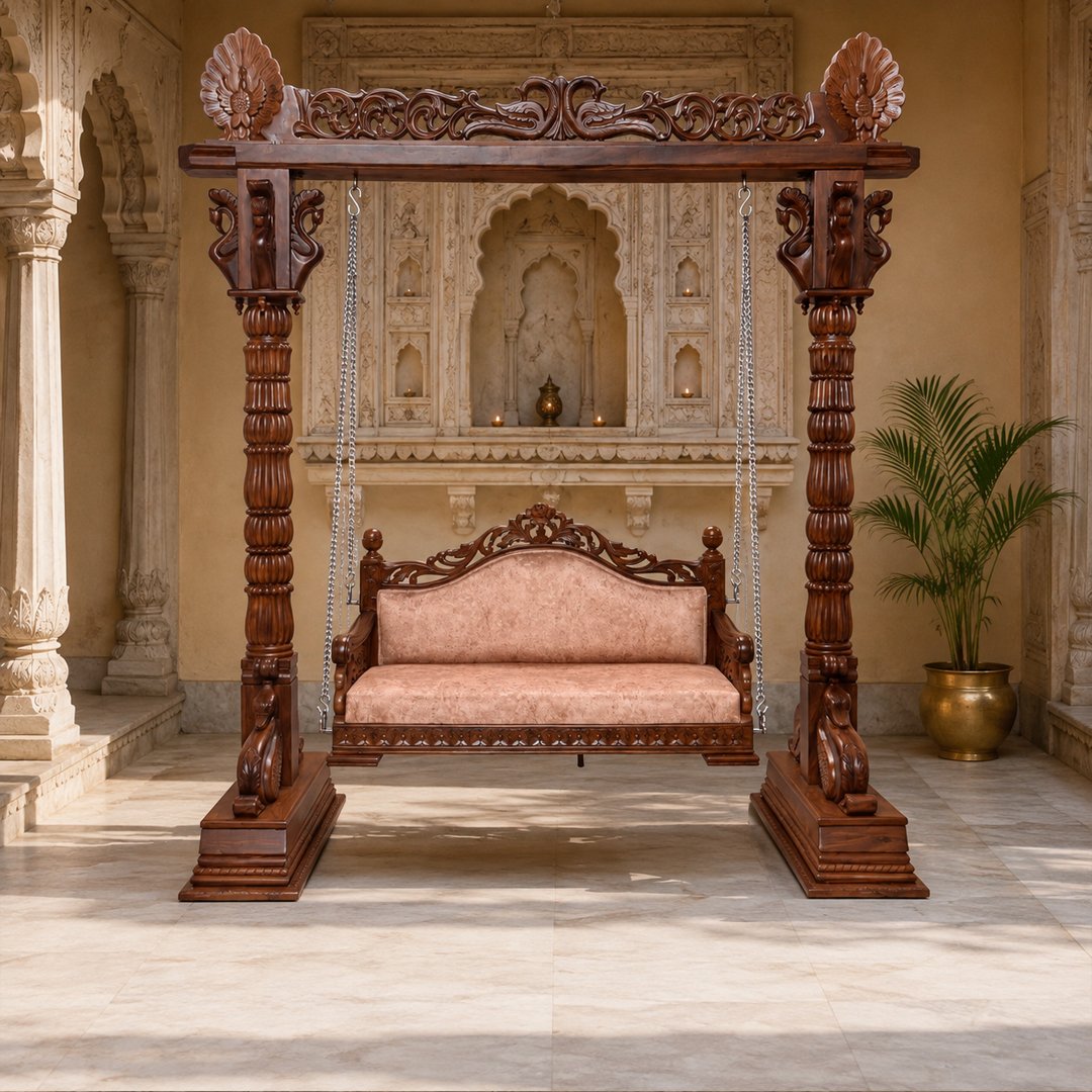 Ethnic Carved Wooden Swing Jhula with Peacock Design