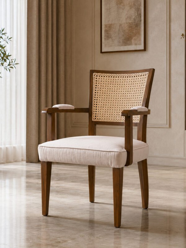 Custom Made Wooden Chair with Armrest – Elegant Cane Back Design