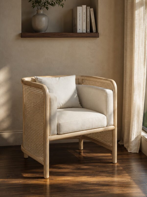 Curved Wooden Lounge Chair with Cane Detailing