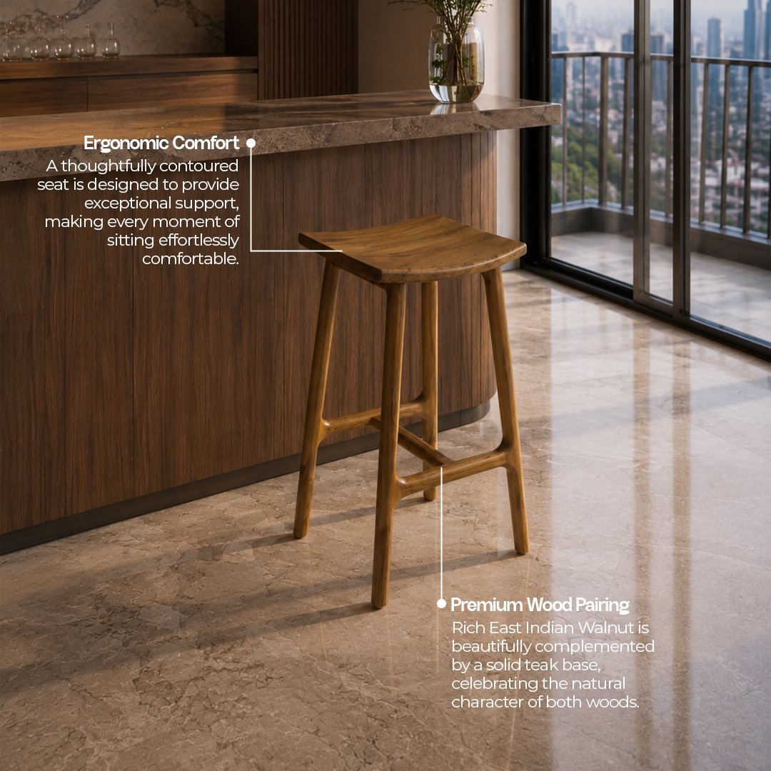 Solid Wooden Cupped Bar Stool – Teak Base & Walnut Finish - Image 3