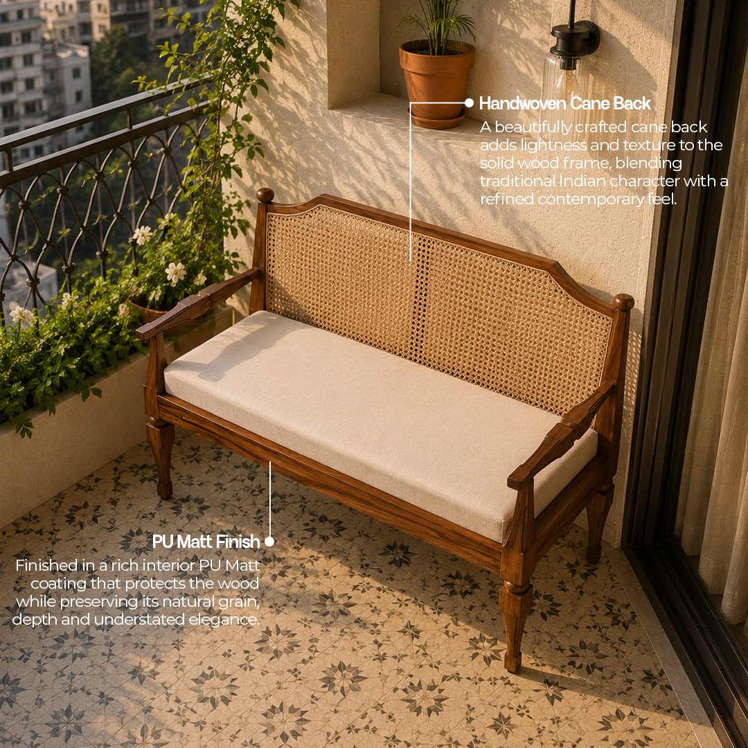 Solid Wooden Upholstered Bench with Cane Backrest - Image 2