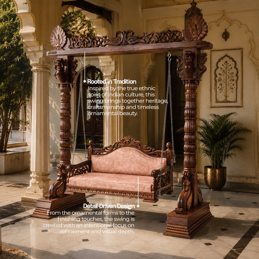 Ethnic Carved Wooden Swing Jhula with Peacock Design - Image 2
