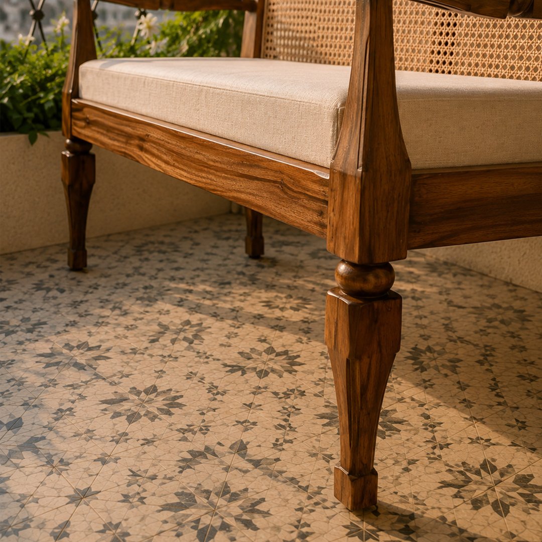 Solid Wooden Upholstered Bench with Cane Backrest - Image 3