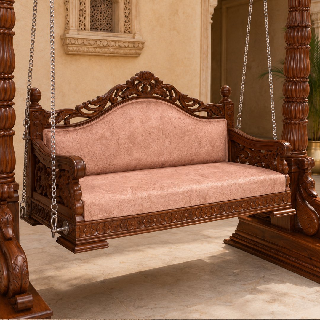 Ethnic Carved Wooden Swing Jhula with Peacock Design - Image 3