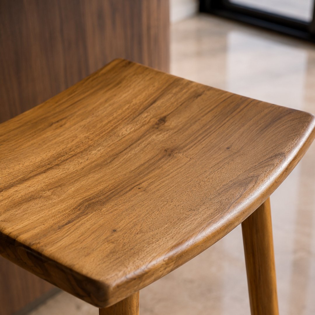 Solid Wooden Cupped Bar Stool – Teak Base & Walnut Finish - Image 5