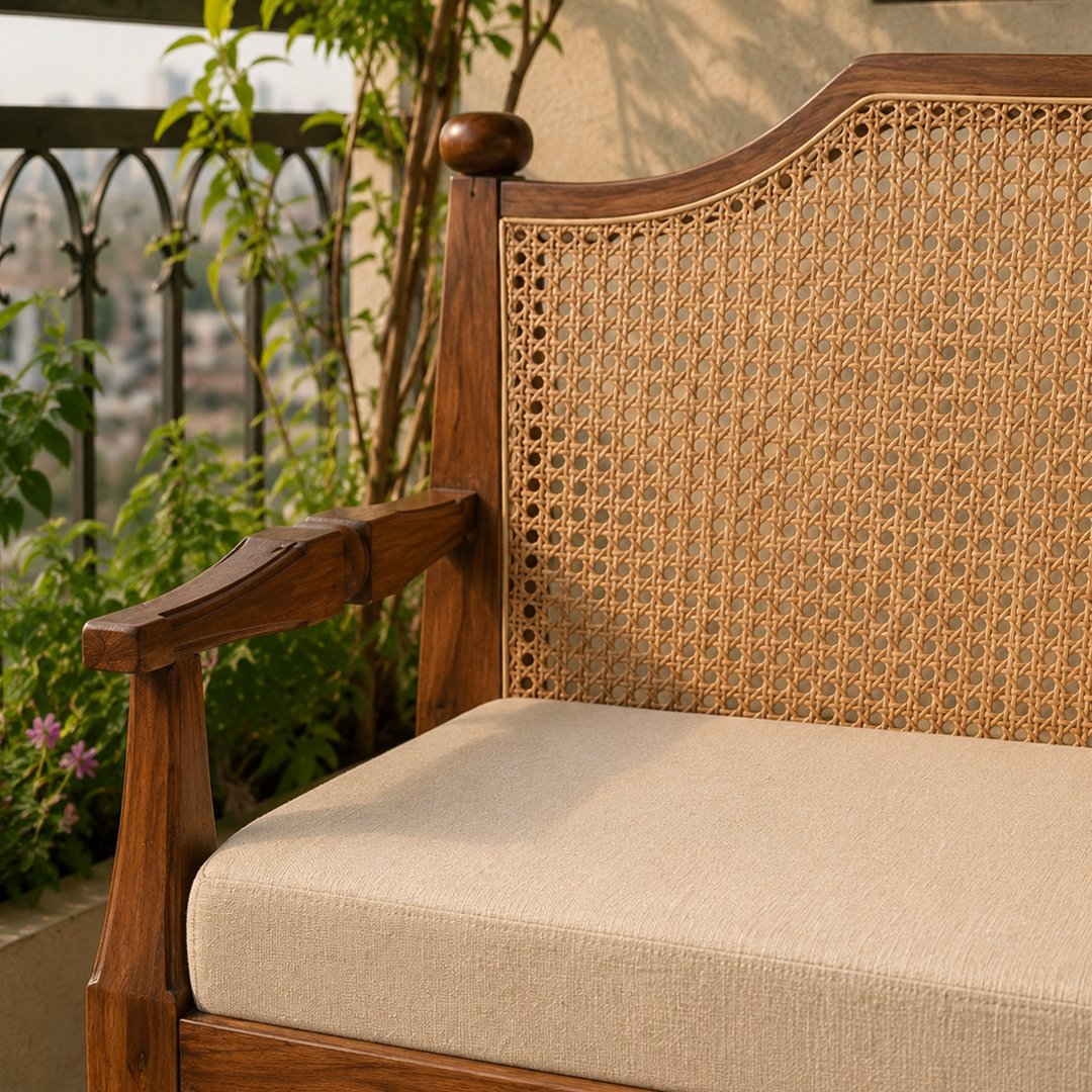 Solid Wooden Upholstered Bench with Cane Backrest - Image 4