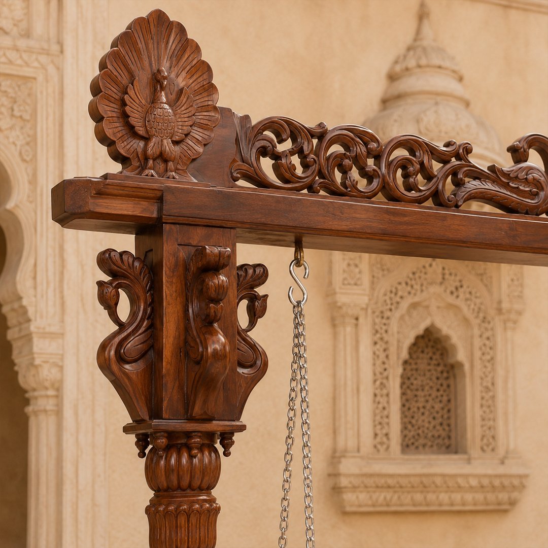 Ethnic Carved Wooden Swing Jhula with Peacock Design - Image 4