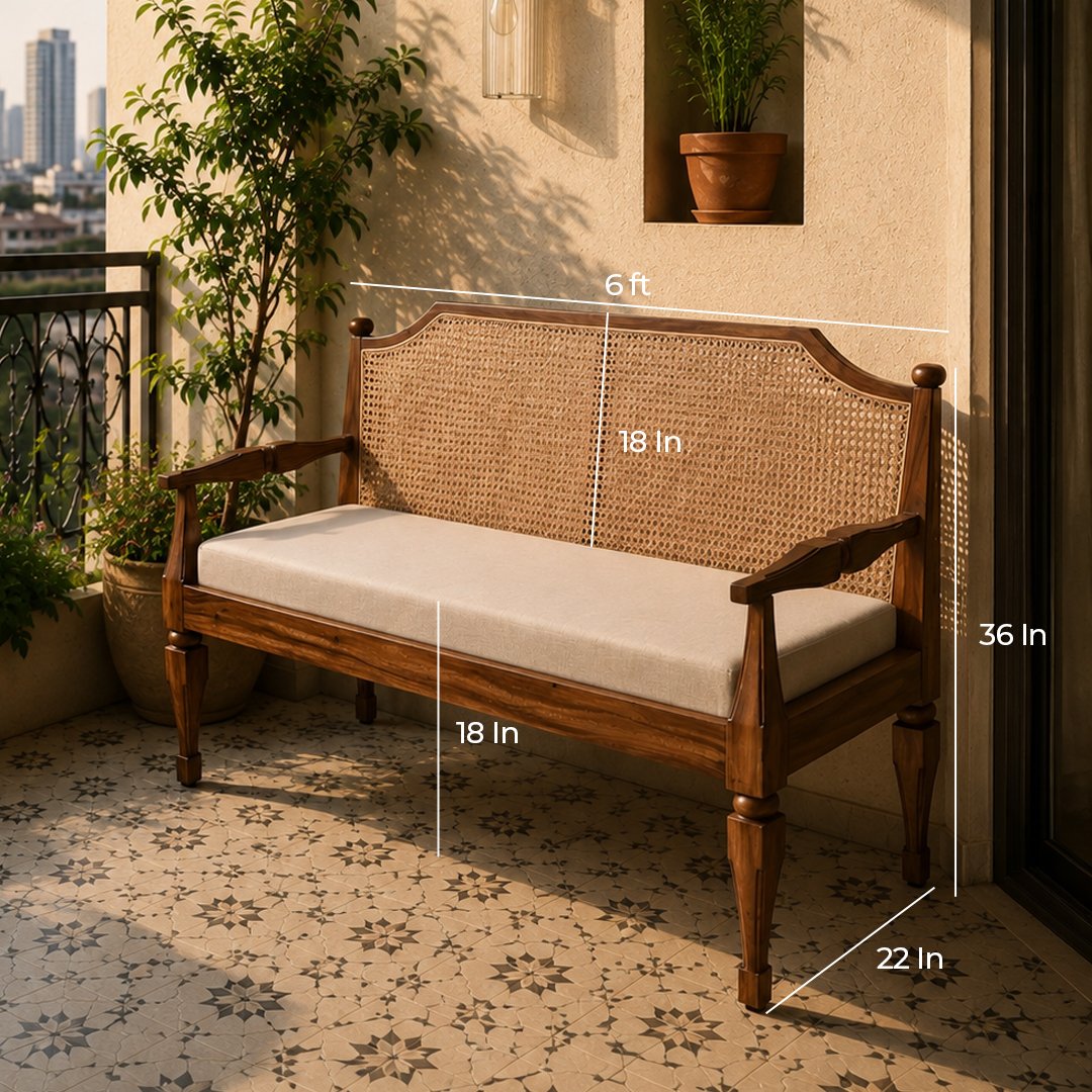 Solid Wooden Upholstered Bench with Cane Backrest - Image 5