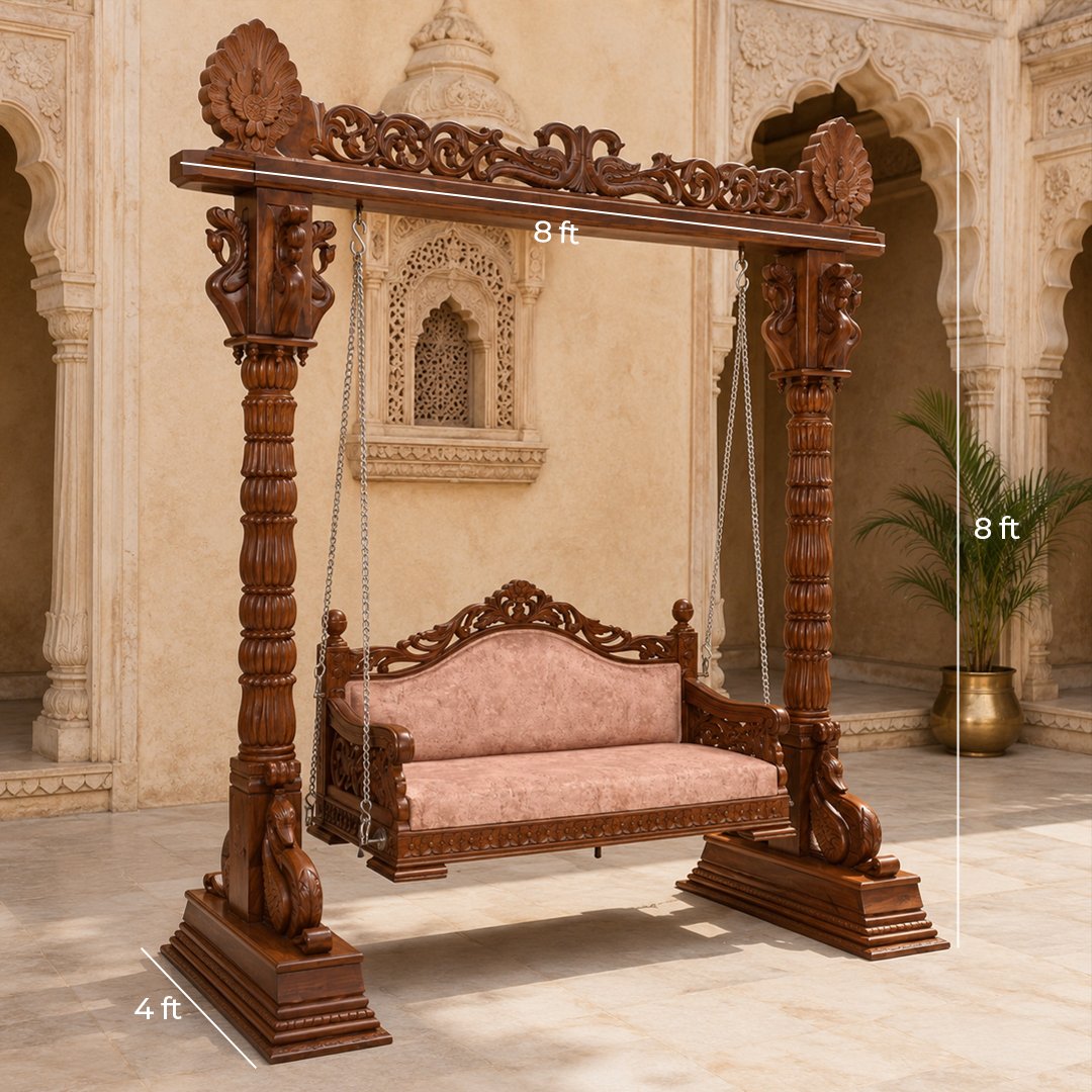 Ethnic Carved Wooden Swing Jhula with Peacock Design - Image 5