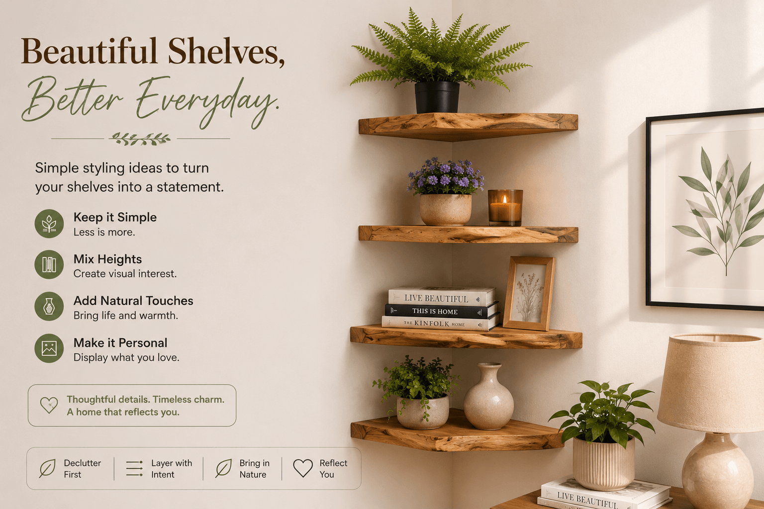 Shelf Styling Tips with Modern Wooden Floating Corner Shelves | Wootique